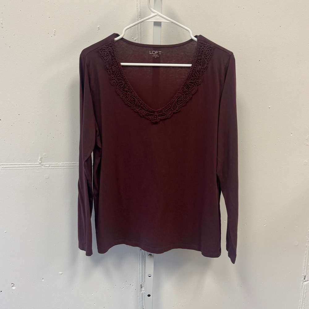 Loft‎ Outlet XL Burgundy Crochet Lace V-Neck Long Sleeve Cotton Top Soft